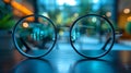 A close up of a pair of glasses sitting on top of a table, AI