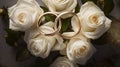 close up pair of golden wedding rings on a bouquet of white roses