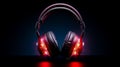 Close up of pair of headphones on black background with red light