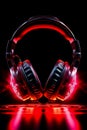 Close up of pair of headphones on black background with red light