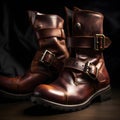 close-up of a pair of leather boots with buckles three generative AI Royalty Free Stock Photo