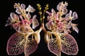 close-up of a pair of lungs made from delicate orchids