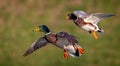 Close up of pair of Mallard ducks coming into land - soft diffused bokah