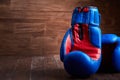 Close-up of the pair of red and blue boxing gloves on the wooden plank. Royalty Free Stock Photo