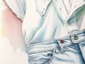 A close up of a pair of 90s inspired jeans with frayed edges and a classic white tshirt with a unique print. Lifestyle Royalty Free Stock Photo