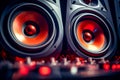 Close up of pair of speakers on sound board. Generative AI Royalty Free Stock Photo