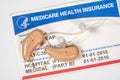 Close up of a pair of tiny modern hearing aids on medicare card background