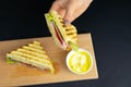 Close up on pair of young girl`s hands removing a healthy wholesome wholemeal bread ham sandwich Royalty Free Stock Photo