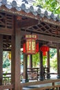 Close-up of palace lanterns hanging on traditional Chinese style ancient buildings Royalty Free Stock Photo