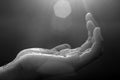 Close up of palm hand open receiving the light of blessings. Fragility and hope concept. Royalty Free Stock Photo