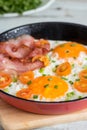 Close up, Pan of fried eggs, bacon and tomato.