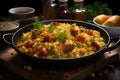 Close-up pan with traditional West African vegetarian jollof rice with tomatoes, onion, and a blend of spices