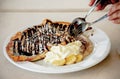 Close-up pancakes with bananas and chocolate Royalty Free Stock Photo