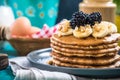 Close up of pancakes with fresh blackberries,banana and walnut Royalty Free Stock Photo