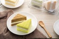 Close up pandan and coconut chiffon cake on white plate