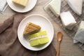Close up pandan and coconut chiffon cake on white plate.Top view Royalty Free Stock Photo