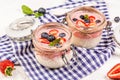 Close up panna cotta dessert with strawberries and blueberries. Food recipe background Royalty Free Stock Photo
