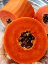 A close up of a papaya cut in half. beautiful picture of red Papaya. Royalty Free Stock Photo