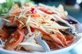 Close up Papaya Salad with Blue Crab on the table.