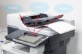 Close up paper sheets on the printer in office for scan Royalty Free Stock Photo