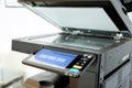 Close up paper sheets on the printer in office room Royalty Free Stock Photo