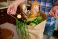 Close-up of a paper shopping bag of groceries, fruits and vegetables delivered at home, in the male hands Royalty Free Stock Photo