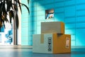 Close up Of Parcels With Self-Service Post Terminal Machine on Background. 3d rendering.