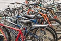 Close up of parked bicycles Royalty Free Stock Photo