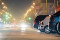 Close up of parked cars on roadside at night with blurred view of traffic lights of moving vehicles on city street Royalty Free Stock Photo