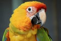 a close up of a parrot with a red and yellow head and wings and a black beak and head with a white a Royalty Free Stock Photo