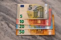 Close-Up Part Of 5, 10, 20 and 50 Euro Banknotes. High quality photo