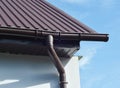 A close-up on a part of a house exterior white wall with brown metal roof, eaves, fascia boards, soffit, and a rain gutter system