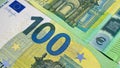 Close-up of part of a one hundred euro note. Single currency of the European Union. European currency. 100 euro. Cash banknotes.