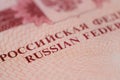 close-up part of page of document, foreign passport for travel, visa stamp, words Russian Federation in Russian and English, Royalty Free Stock Photo