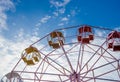 Close up part of pastel ferris wheel on blue sky