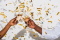 close-up partial view of african american couple clinking glasses of champagne on white Royalty Free Stock Photo