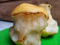 close up of a partially bitten pears