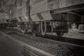 Close-up passenger train carriage wheels on the rail track Royalty Free Stock Photo