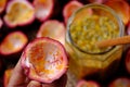 Close up passion fruit hard rind no soft pulp and seeds Royalty Free Stock Photo