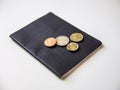 Close up of passport and coins on a white background. Royalty Free Stock Photo