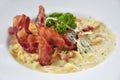 Close up of Pasta Carbonara. Spaghetti with deep fried bacon,  parmesan cheese, Italian food Royalty Free Stock Photo