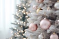 AI generated. Close up of pastel pink Christmas tree toy ball decoration on a fluffy snow-covered fir branch