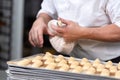 Close up of Pastry Chef with confectionary bag squeezing cream at pastry shop.