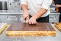 Close-up of a pastry chef cutting a large cake in portions at pastry shop.