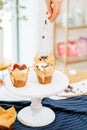 Close up of Pastry chef hand decorating cupcakes of chocolate powder in kitchen Royalty Free Stock Photo