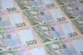 A close-up of a pattern of many Ukrainian currency banknotes with a par value of 500 hryvnia. Background image on business in Ukr Royalty Free Stock Photo
