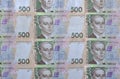 A close-up of a pattern of many Ukrainian currency banknotes with a par value of 500 hryvnia. Background image on business in Ukr Royalty Free Stock Photo