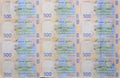 A close-up of a pattern of many Ukrainian currency banknotes with a par value of 500 hryvnia. Background image on business in Ukr Royalty Free Stock Photo