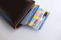 Close-up of payment credit cards in a stack in a leather wallet on a white table, the concept of electronic payment, payments from Royalty Free Stock Photo