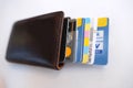 Close-up of payment credit cards in a stack in a leather wallet on a white table, the concept of electronic payment, payments from